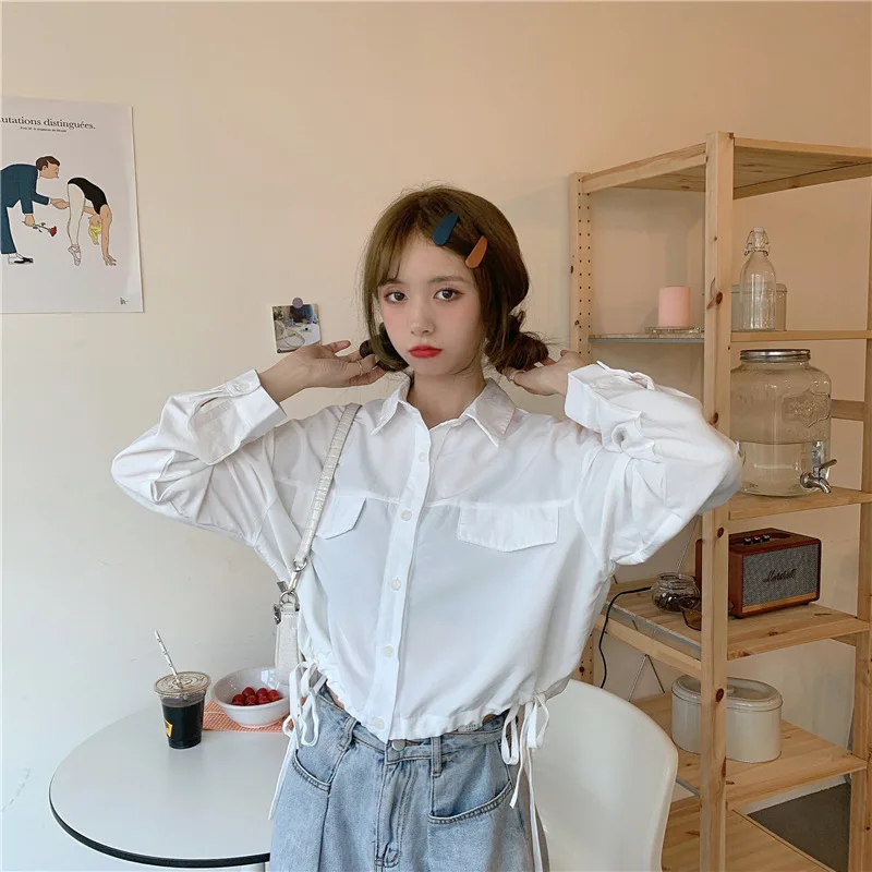 

2020 Autumn Korean Women Fashion Drawstring Loose Short Long Sleeve Shirt Casual Simple White All-match Women Top Free Shipping