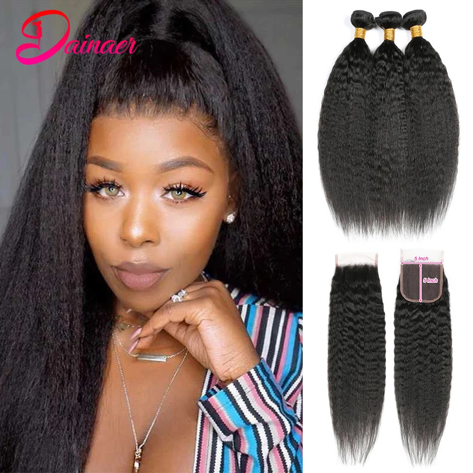 

Peruvian Kinky Straight Bundles With Closure 3Bundles With 5x5 Lace Closure Kinky Straight Human Hair Bundles With Closure Remy