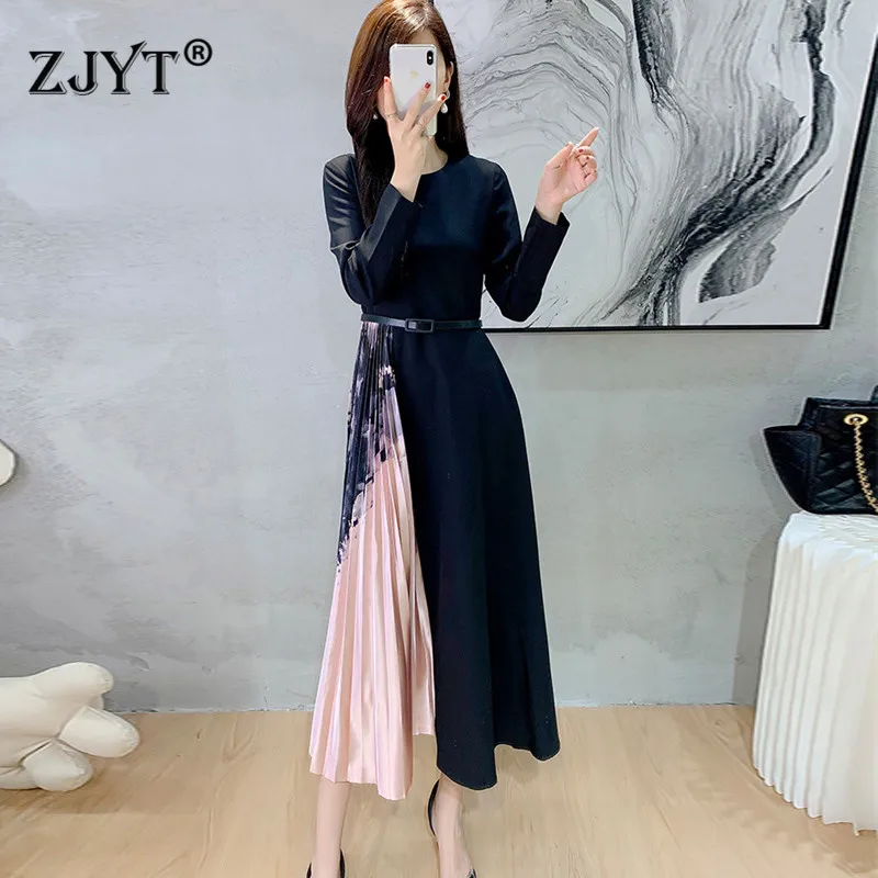 

Женское плиссированное платье миди, элегантное дизайнерское лоскутное платье с длинным рукавом и принтом, модная одежда на осень, повседне...