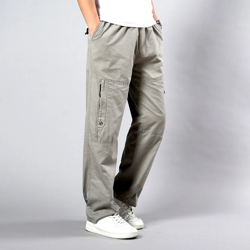 

2021 New Summer Men's Khaki Pants Large Size Straight Fit Big Pockets Wide Leg Cotton Black Cargo