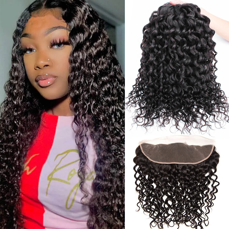 Water Wave Bundles with 13x4 Lace Frontal Pre-Plucked Closure Natural Black Color 30 inch Remy Human Hair Weave BOBBI COLLECTION
