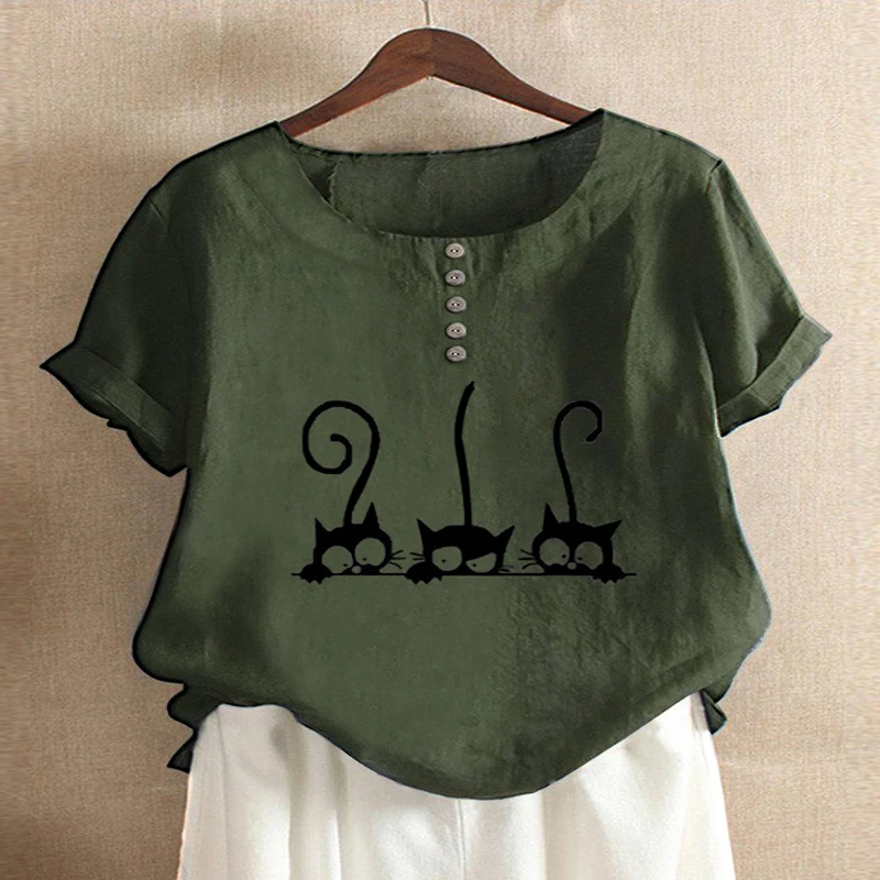 Blusa holgada informal con estampado de gato para verano, Camisa lisa de manga corta con cuello redondo para mujer, color blanco, Túnica de talla grande