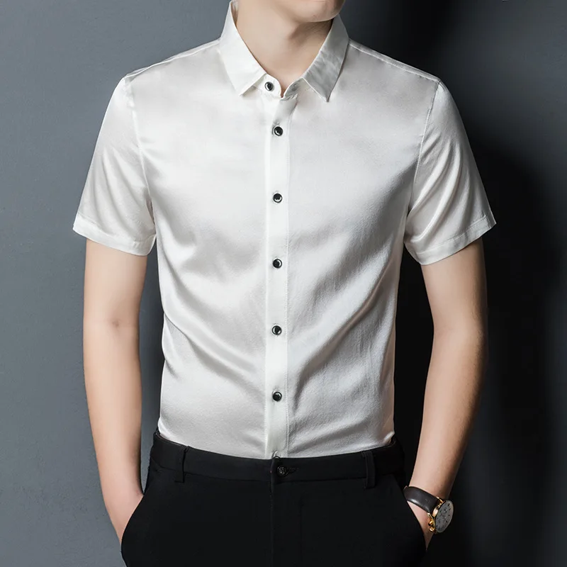 

Hengyuanxiang summer 2021 mulberry silk short sleeve shirt men's middle-aged and young men's casual loose ice silk shirt men's