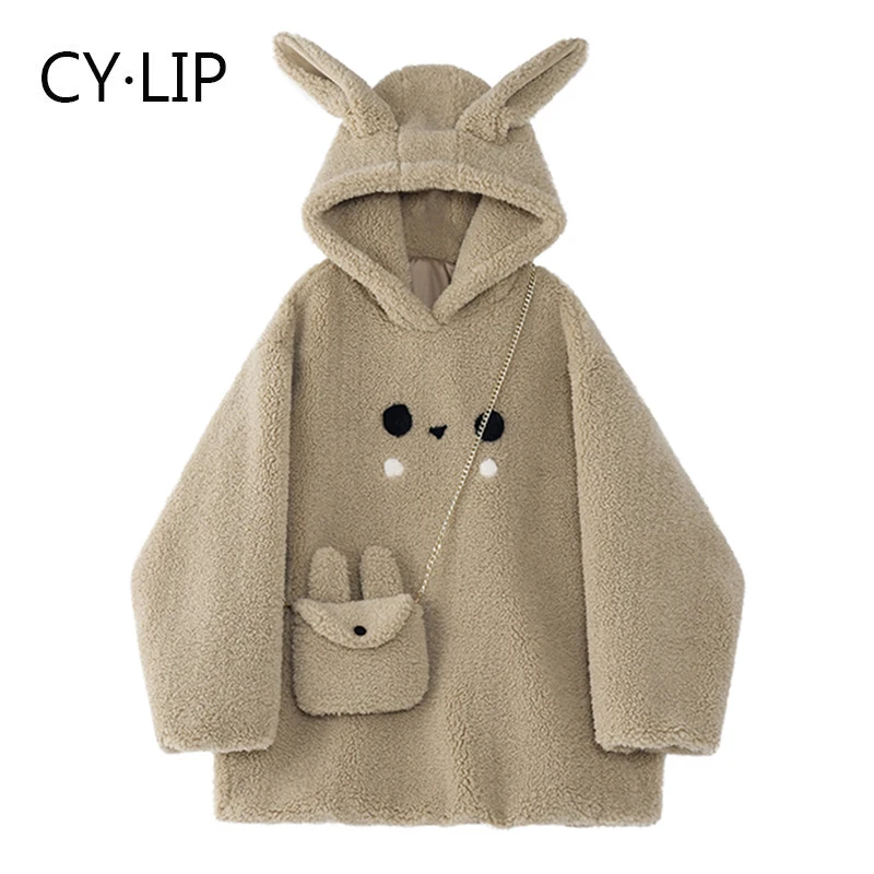 

Милая толстовка из овечьей шерсти со шнуровкой и капюшоном, женское Новое флисовое пальто с капюшоном на осень и зиму, худи с графическим ри...