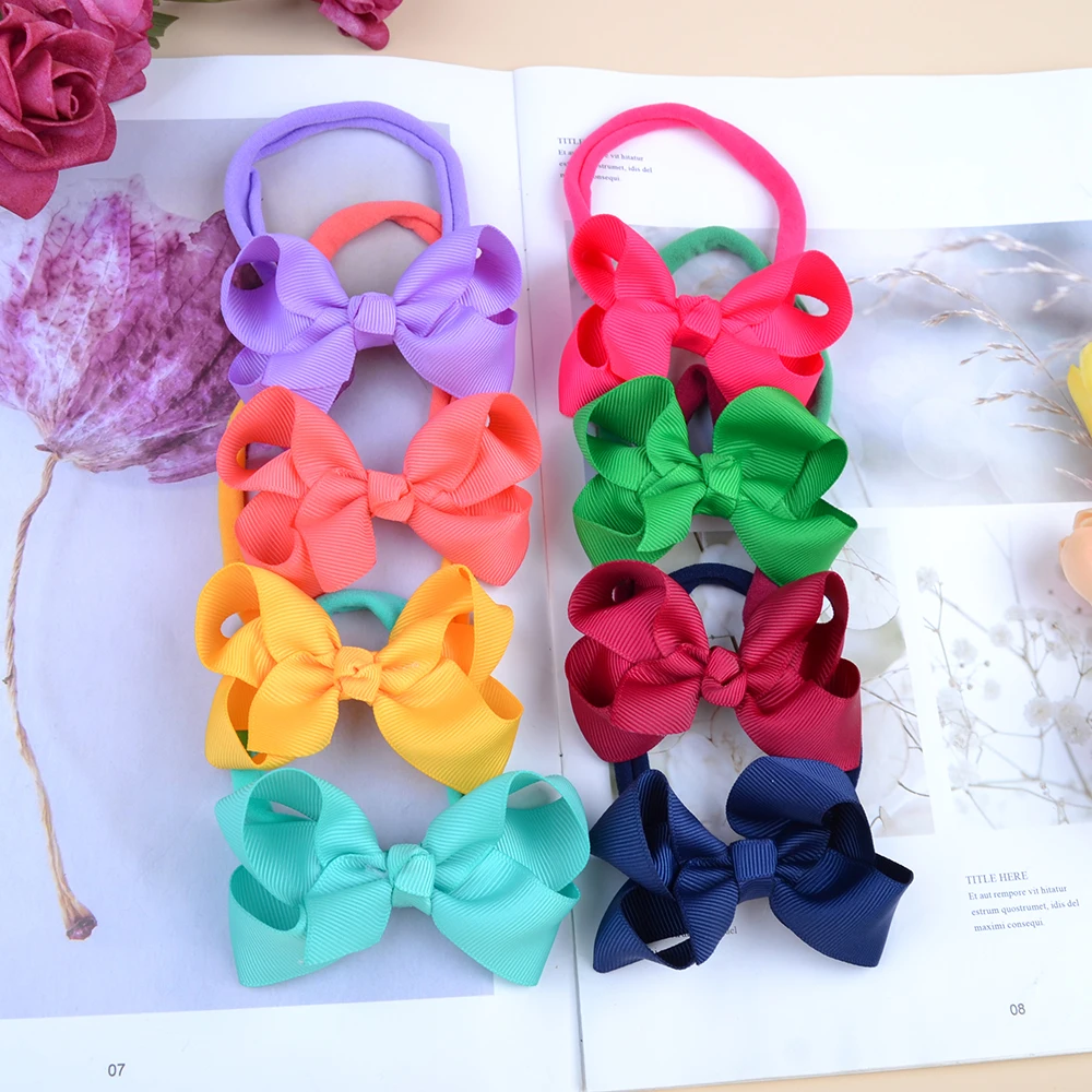 

25 Pcs/lot Solid Ribbon Bowknot Baby Headband For Girls Nylon Elastic Hair Bands Handmade Turban Headwear Kids Hair Accessories