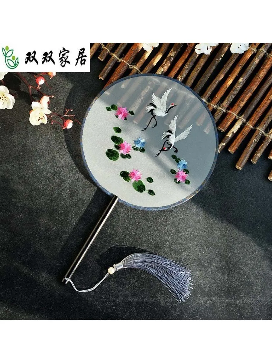 Круглый вышитый веер Hanfu с длинной ручкой китайский бамбуковый портативный