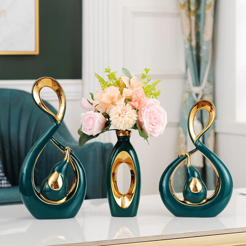 

Modern Minimalist Abstract Art Gourd Black Gold Ornaments Vase Gold-plated 2 Pieces Set Wedding Gift Living Room Home Decoration