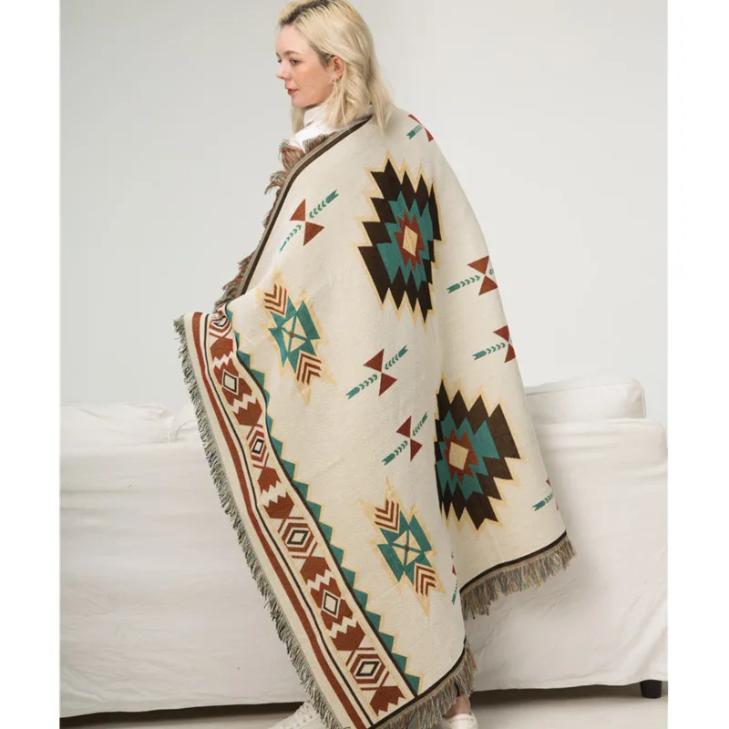 Manta informal tejida del Southwest, cubierta para sof&aacute;, silla, manta de estilo nacional para acampar, viajar, Picnic, alfombra para el suelo-4