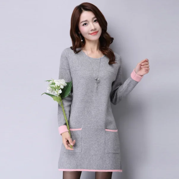 Женское платье новинка 2020 Осень зима вязаный свитер длинный рукав Свободный