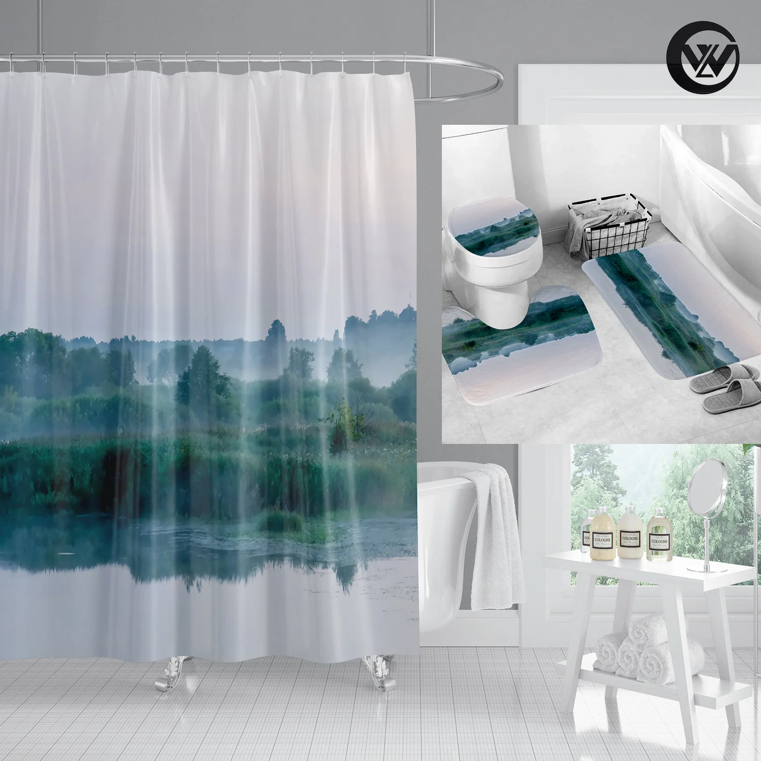 

Eco Friendly Shower Curtain Non-Slip Rugs Bath Mat Toilet Lid Cover Morning Mist Country Lake Woods Scenery Waterproof Polyester