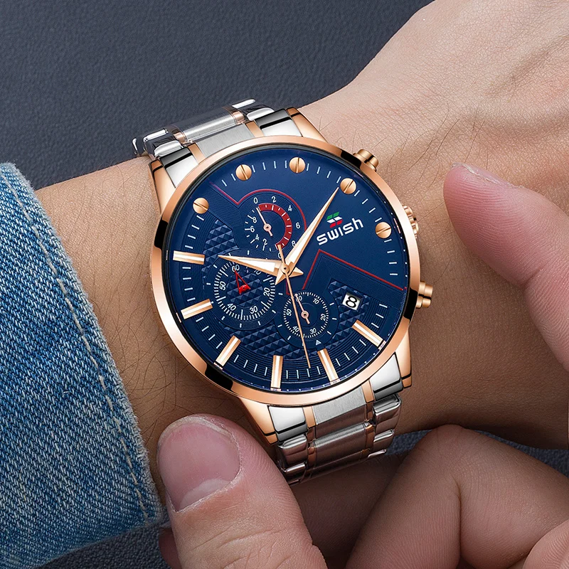 

SWISH Top Luxury Brand Men's Military Watches Luminous Sports Chronograph Stainless Steel Quartz Watch Waterproof Relogio 2020