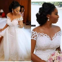 sexy african nigerian mermaid wedding dresses with detachable train full lace applique sheer off the shoulder short sleeve