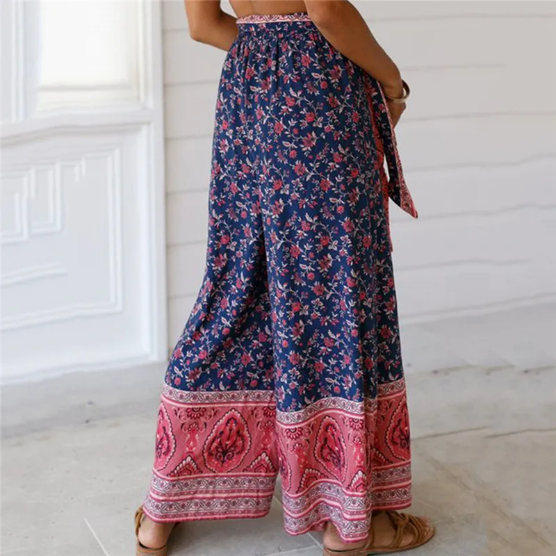 

2021 Women's Pants Loose Floral Print Drawstring Casual Wide Leg Pants Female Summer Trousers Long Sweatpants Plus Size