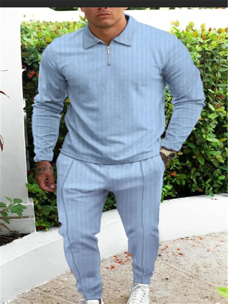 Мужская хлопковая рубашка поло на молнии и брюки с длинным рукавом комплект из 2