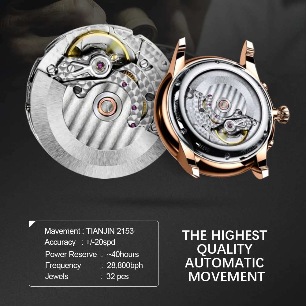 

Lobinni Luxury Brand Moonphase Mechanical Watch For Men Automatic Leather Sapphire Male Watches Water Resistant Men's Clock