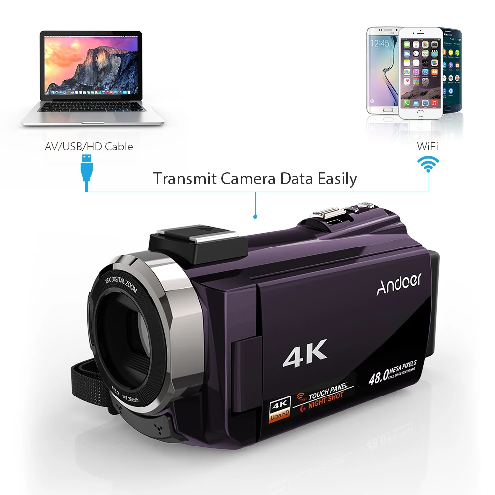Andoer 4K 1080P 48MP WiFi цифровая видеокамера регистратор с внешним микрофоном сенсорный