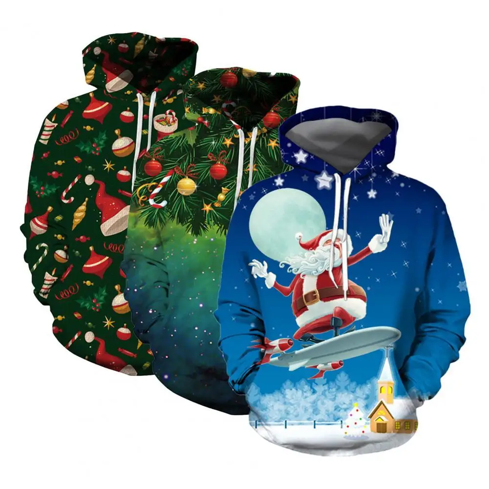 

Christmas Hoodie Print Santa Claus Warm Pullover Drawstring Festive Winter Hoodie for Party