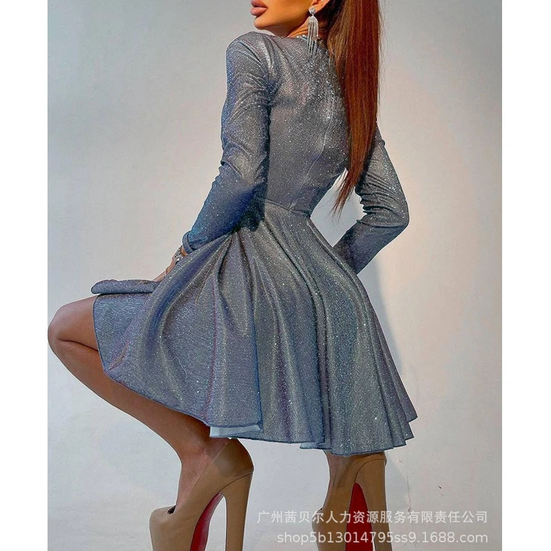 

Mandylandy Dress Autumn Long Sleeve O-Neck Slim Fit High Waist Pleated Dress Women's Sexy Solid Color Mesh Lace Stitching Dress