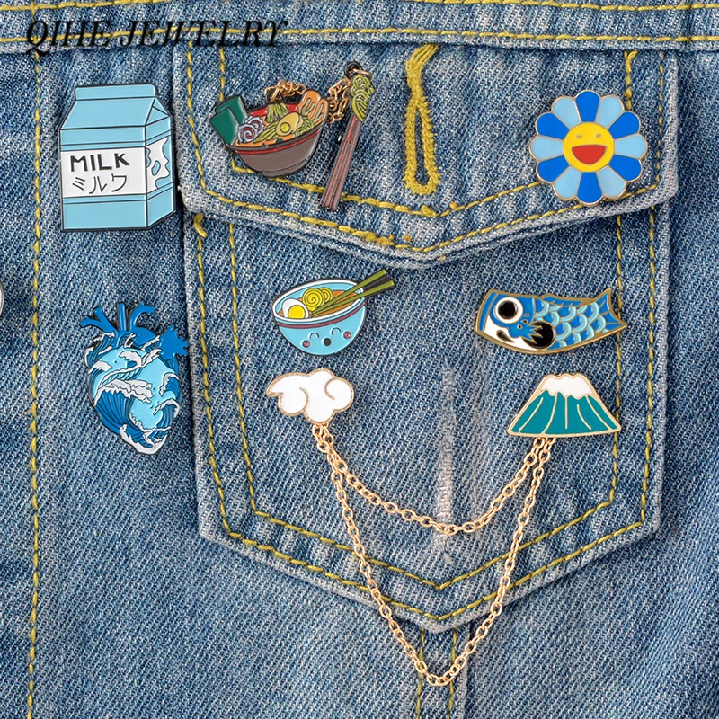 QIHE ювелирные изделия японский Стиль эмаль коллекция булавок Фудзи Ramen из под