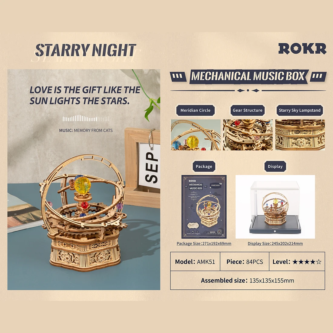 

84Pcs DIY Wooden Starry Night Music Box 3D Mechanical Puzzle Model Educational Toy Model Building Kits For Kids Creative Gifts