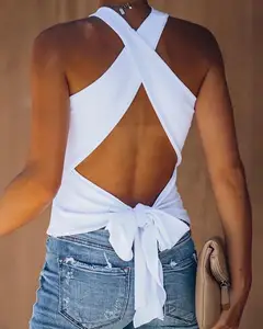 Летний женский топ без рукавов, с открытой спиной и узлом