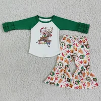 wholesale christmas baby girls fashion boutique clothing ruffle green cartoon top bells pants children outfit toddler clothes