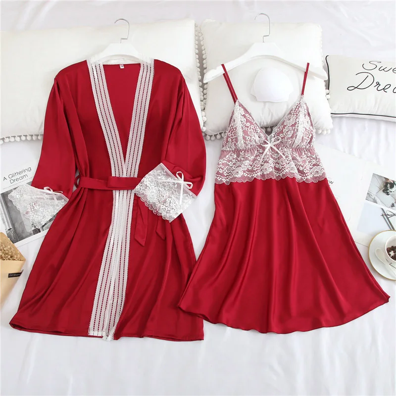 Красный женский шелковый халат невесты халаты для комплект с кружевной отделкой