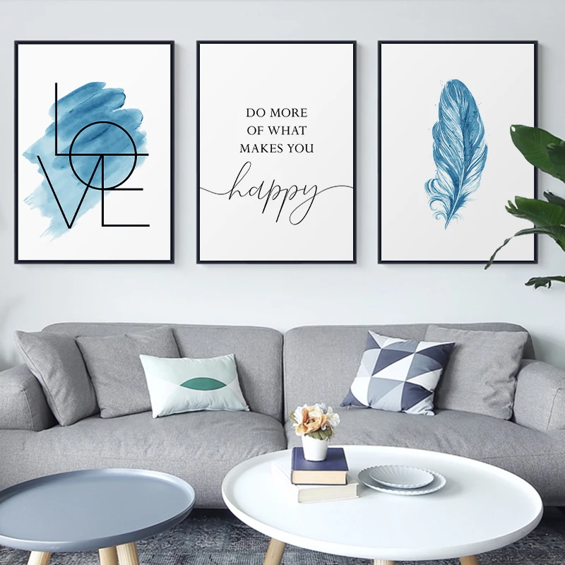 Синий настенный художественный плакат с пером Картина на холсте вдохновляющие
