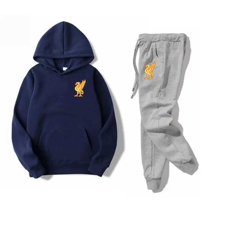 Navy blue gray Спортивный костюм, модная спортивная одежда, комплект из двух предметов, хлопковая флисовая толстовка с капюшоном+ штаны, спортивный костюм для мужчин - Цвет: Navy blue gray