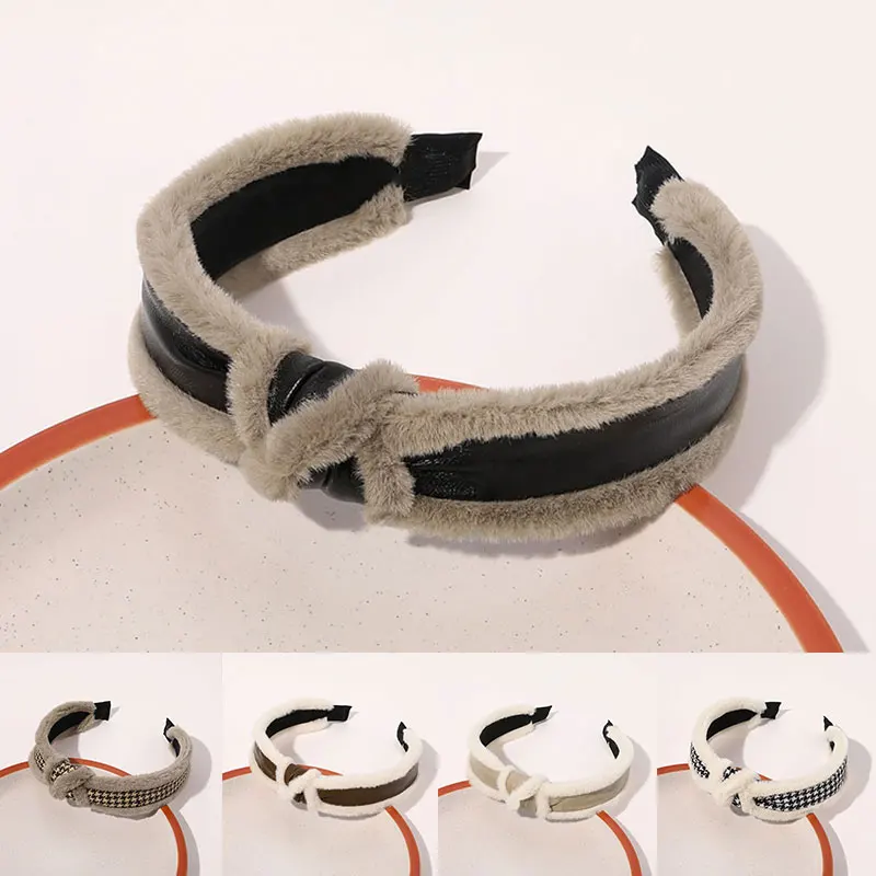 

Plush Leather Headband Soft Warm Non-slip Head Hoop Faux Rabbit Fur Cross Knot Hair Hoop Simple Fashion Hair Accessories