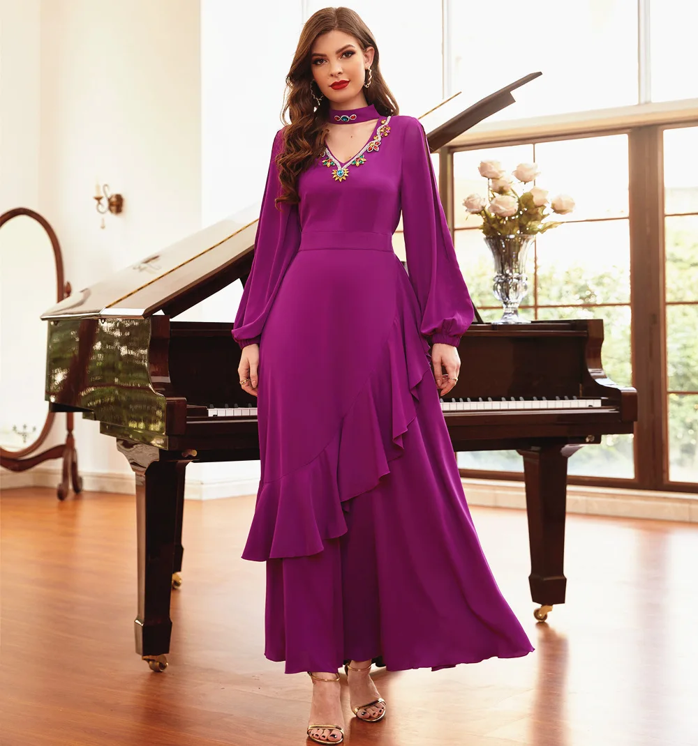 Женское платье с длинным рукавом, фиолетовое платье с длинным рукавом и вышивкой из стразов, платье для вечевечерние, мусульманское платье, ...