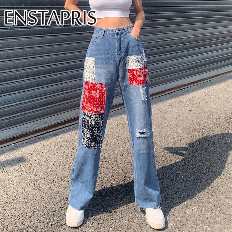 

Womens Cotton Patchwork Ripped Jeans 2021 Summer Vintage Casual Washed Blue Hole Y2K Denim Broek Long Trousers Vaqueros Mujer