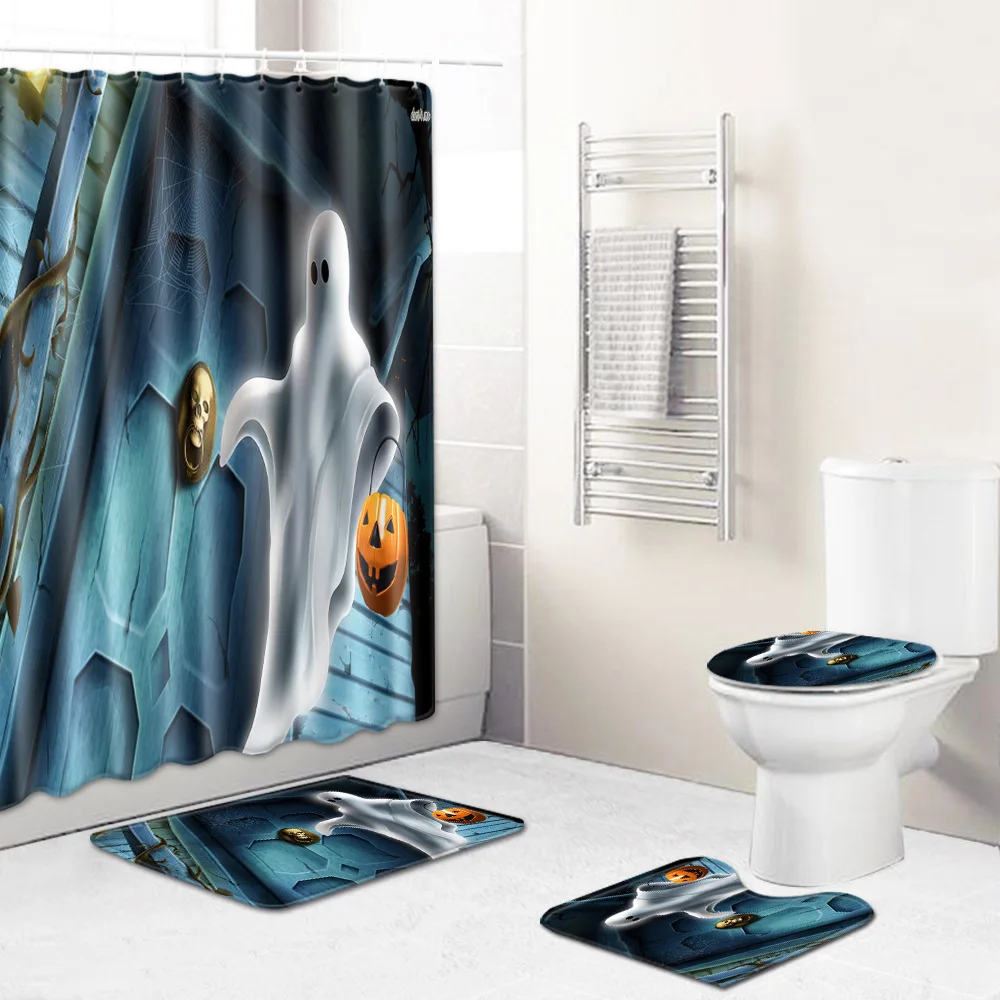 

Zeegle Halloween Shower Curtain Bathroom Carpet Set Washable Toilet Rug Shower Mat Absorbent Bathroom Rug Anti-slip Bath Mat Set