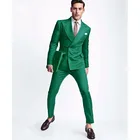 Мужской облегающий Свадебный костюм, зеленый двубортный смокинг, костюм для жениха, выпускного вечера, 2020