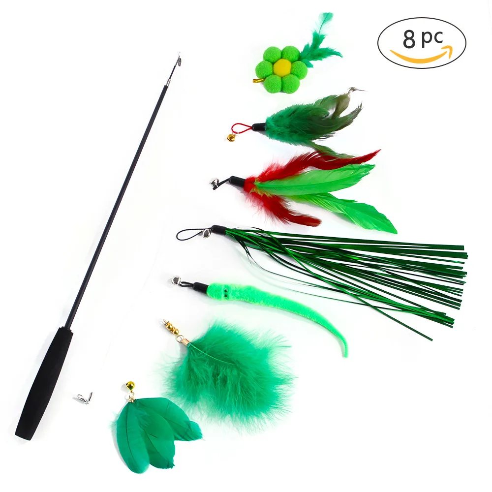 

CN(Origin) Pets Cats Toys Green 8-piece Set Fishing Rod Funny Cat Stick Variety of Combinations Pet Toy Suit Mascotas Supplies