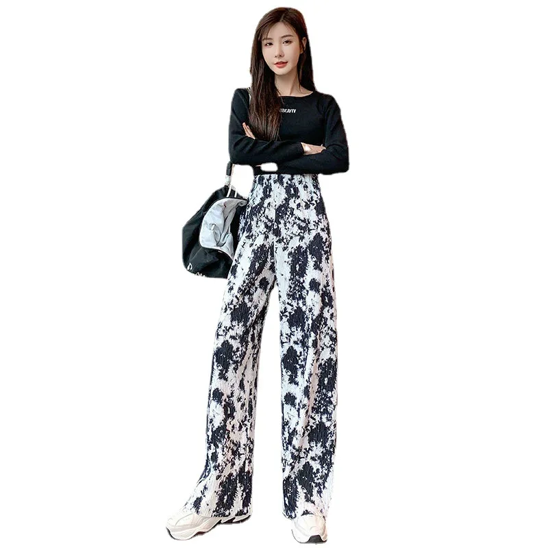 

New Retro Ice Silk Tie Dyed Wide Leg Pants Women's Loose Trend High Waist Fashion Pleated Capris Straight Casual Pants