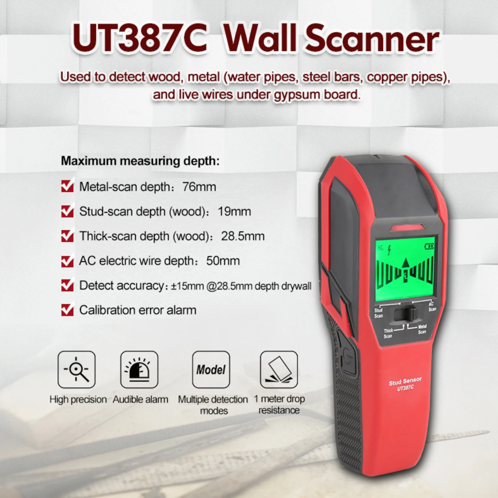 

Настенный сканер UT387C 4 в 1, электромагнитный индукционный цифровой детектор напряжения переменного тока, для обнаружения дерева и металла п...