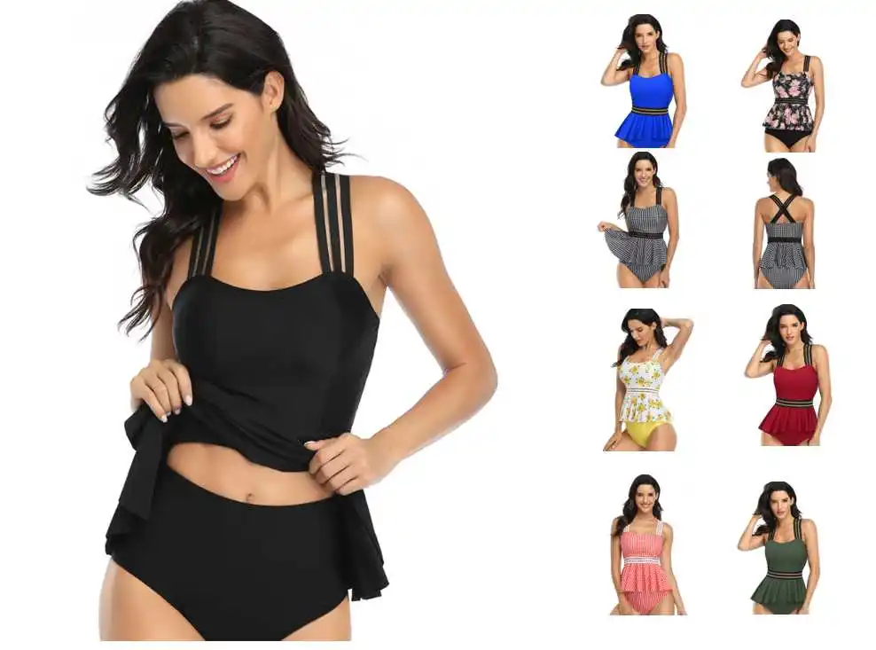 

New WomensTwo-Piece Suits Swimsuit Ribbon Plaid Skirt Swimwear Ruffle Bikini Beachwear Female Suit