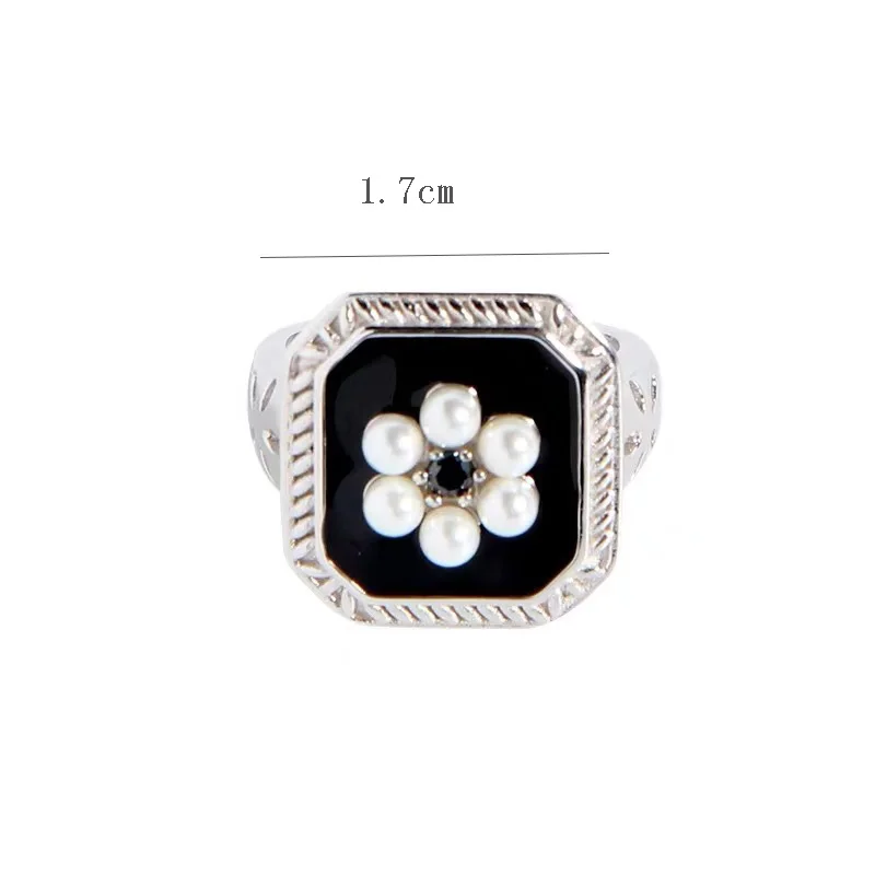 

Black Zircon Pearl Flower Opening Ring Vintage Fashion And Elegant Palace Style Index Finger Ring Women Jewelry Gift Accessories