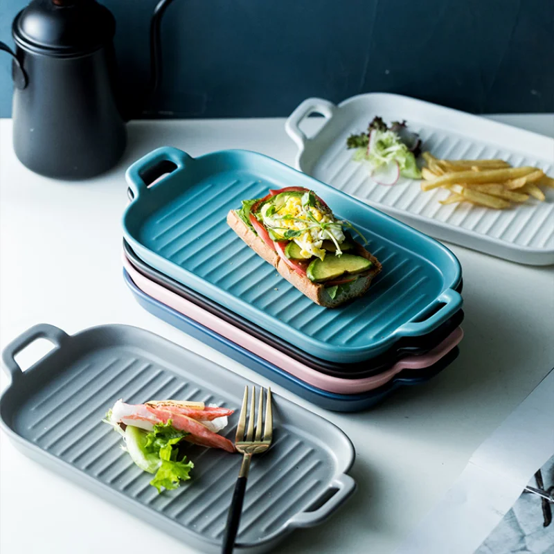 

Ceramic Rectangular Binaural Western Food Chicken Wings Baking Dish Cheese Baked Rice Plate Fries Steak Breakfast Bread Tray