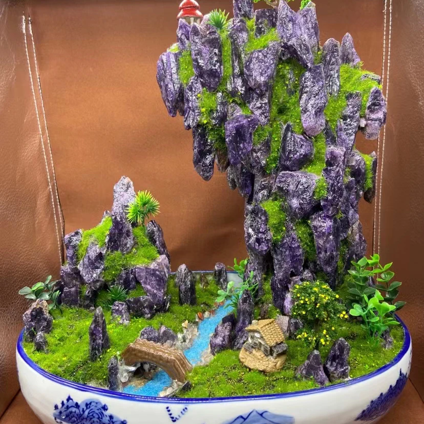 

Природный аметист Кристалл кварц камень Гора Аметист креативный пейзаж домашний офис имитация зеленых растений бамбуковая тарелка основа...