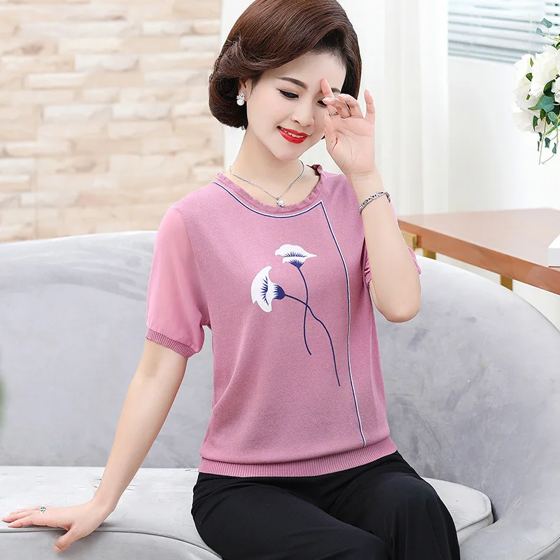 

Summer short-sleeved t-shirt ice silk loose knit sweater summer fashion women's thin print casual top