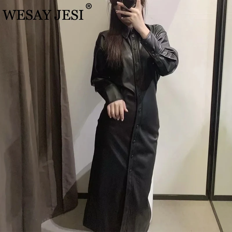 

WESAY JESI ZA Черное женское платье с поясом из искусственной кожи 2021 Модные женские элегантные платья однобортные женские вечерние платья