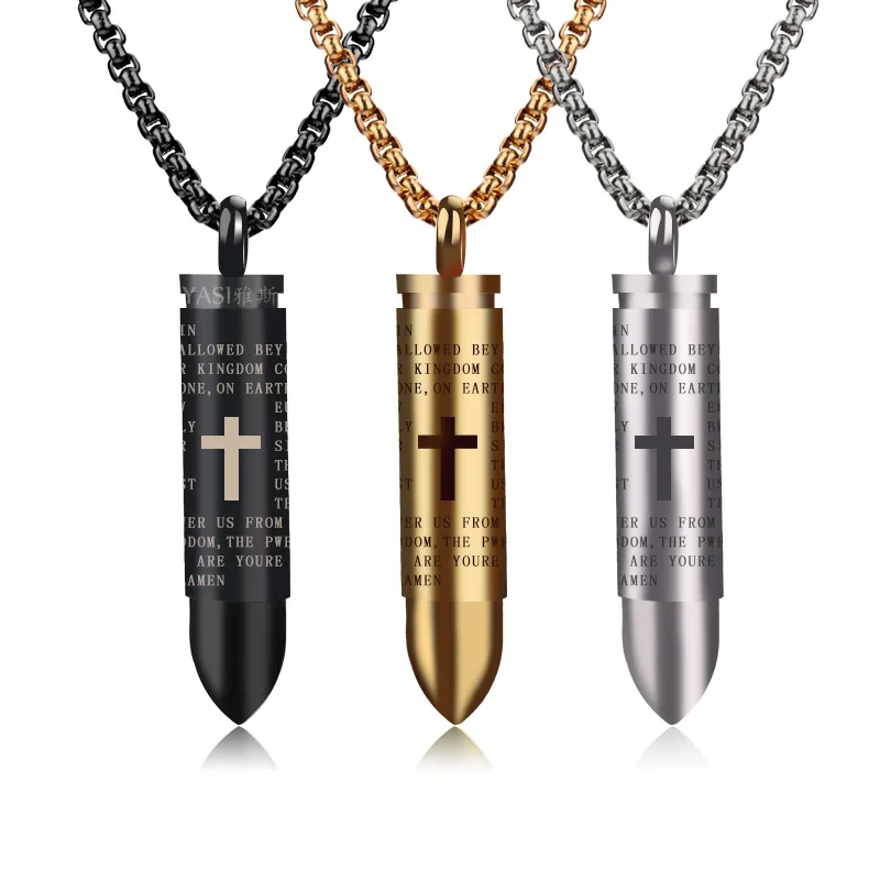 

Steel color bullet necklaces mens stainless steel punk chain necklaces Scripture cross pendant jewelry the neck male Accessories