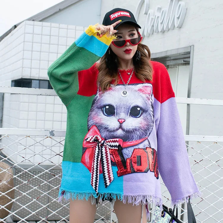 QING MO Patchwork Color Women Sweater Cat Printed Pullovers 2019 Autumn Winter Chic Casual Style ZQY1486 Женская одежда