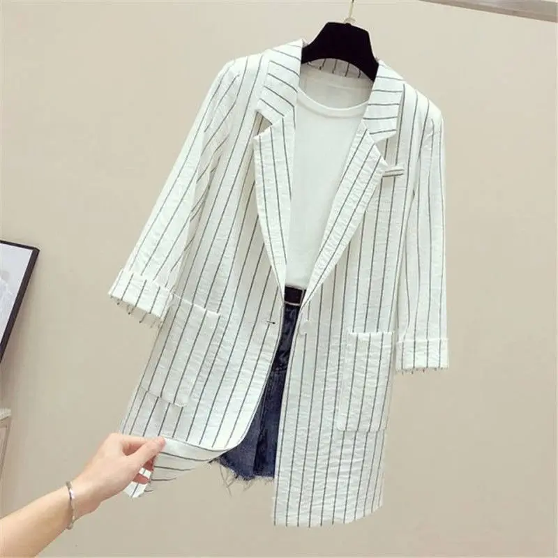 

#5225 Black White Striped Blazer Women Three Quarter Sleeved Plus Size Blazer For Women Thin Casual Blazer Coats Female Loose