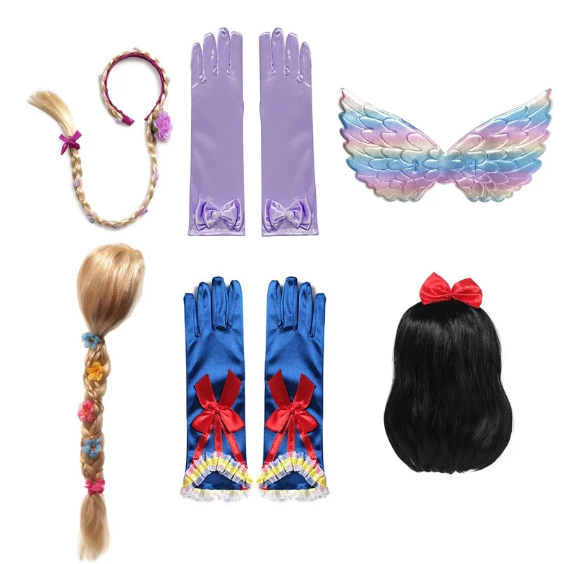 VOGUEON Girls Rapunzel Snow White Mermaid Jasmine Wig Braid Children Rainbow Wing Gloves Party Accessory Kids Halloween Costume
