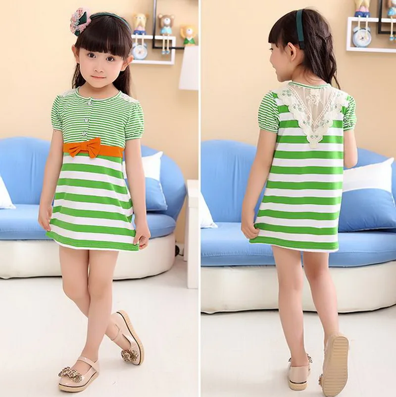 Kids Short Sleeve Straight Dress Cotton Toddler Girls Beach Casual Cute Baby Striped Daily Clothes Summer 1-8Y | Детская одежда и
