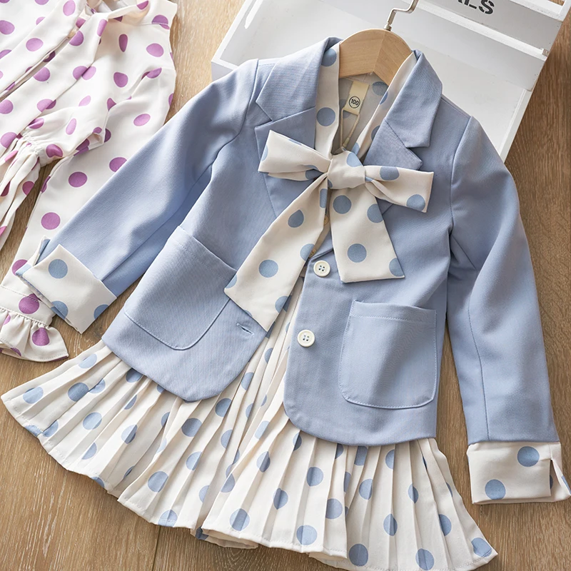 

Fashion Baby Girls Clorhes for Kids Sets Spring Autumn Long Sleeve Dot Chiffon Dress Jacket 2 Pieces Children Clothing Vestidos