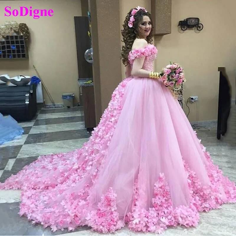 SoDigne Quinceanera Dresses Ball Gown Off Shoulder 3D Rose Flowers Puffy Pink Sweet 16 Dress Celebrity Party Gowns Graduation